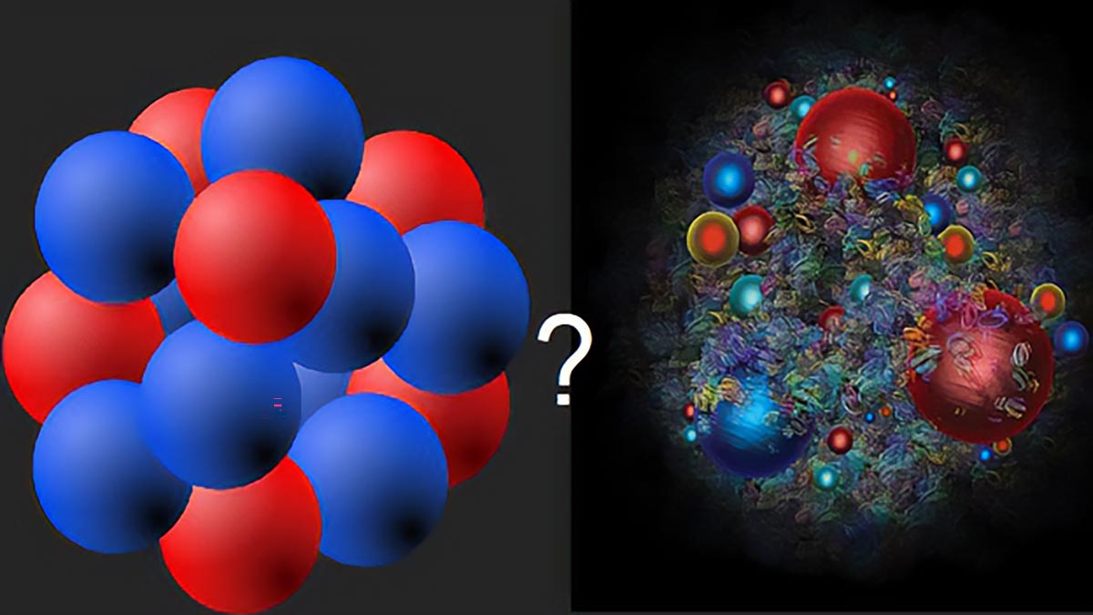 Solda nükleer maddenin, sağda ise kuark maddesinin temsili. Soru işareti, bu sıvıların teorik olarak kesin bir şekilde ayırt edilip edilemeyeceği sorusunu ima ediyor. 